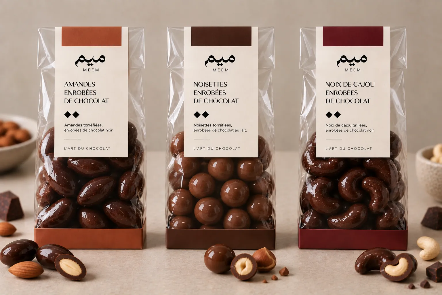 Amandes, noisettes et noix de cajou enrobées de chocolat MEEM
