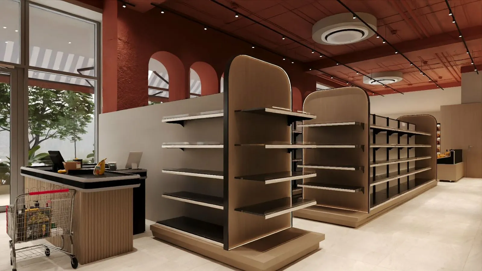 L’espace caisse et les arches terracotta de la boutique MEEM